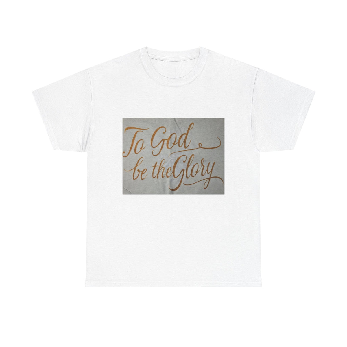 White t-shirt with black text design on a white background