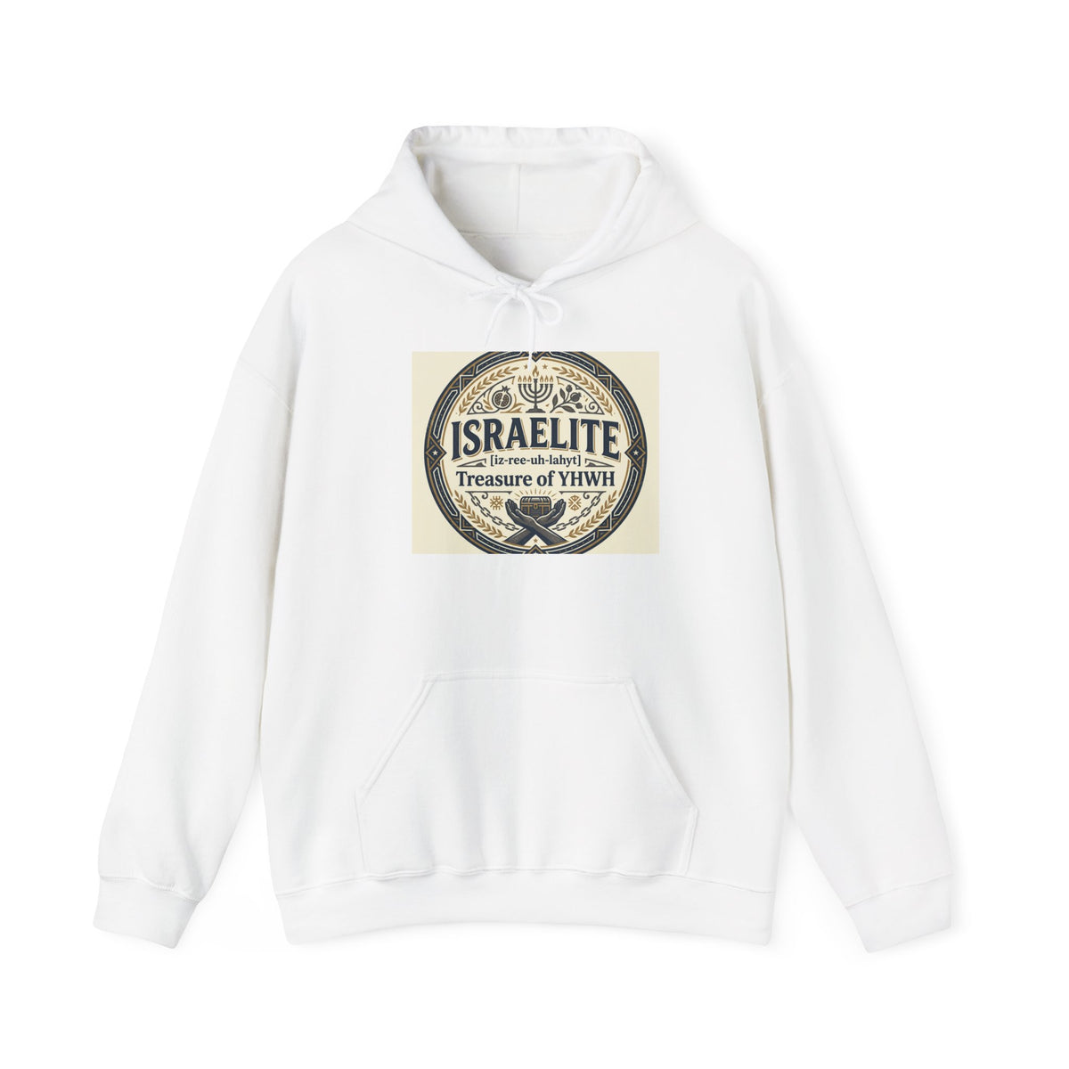 A white pullover hoodie with a circular vintage-style graphic on the chest reading 'ISRAELITE' and 'Treasure of YHWH', shown on a plain white background.