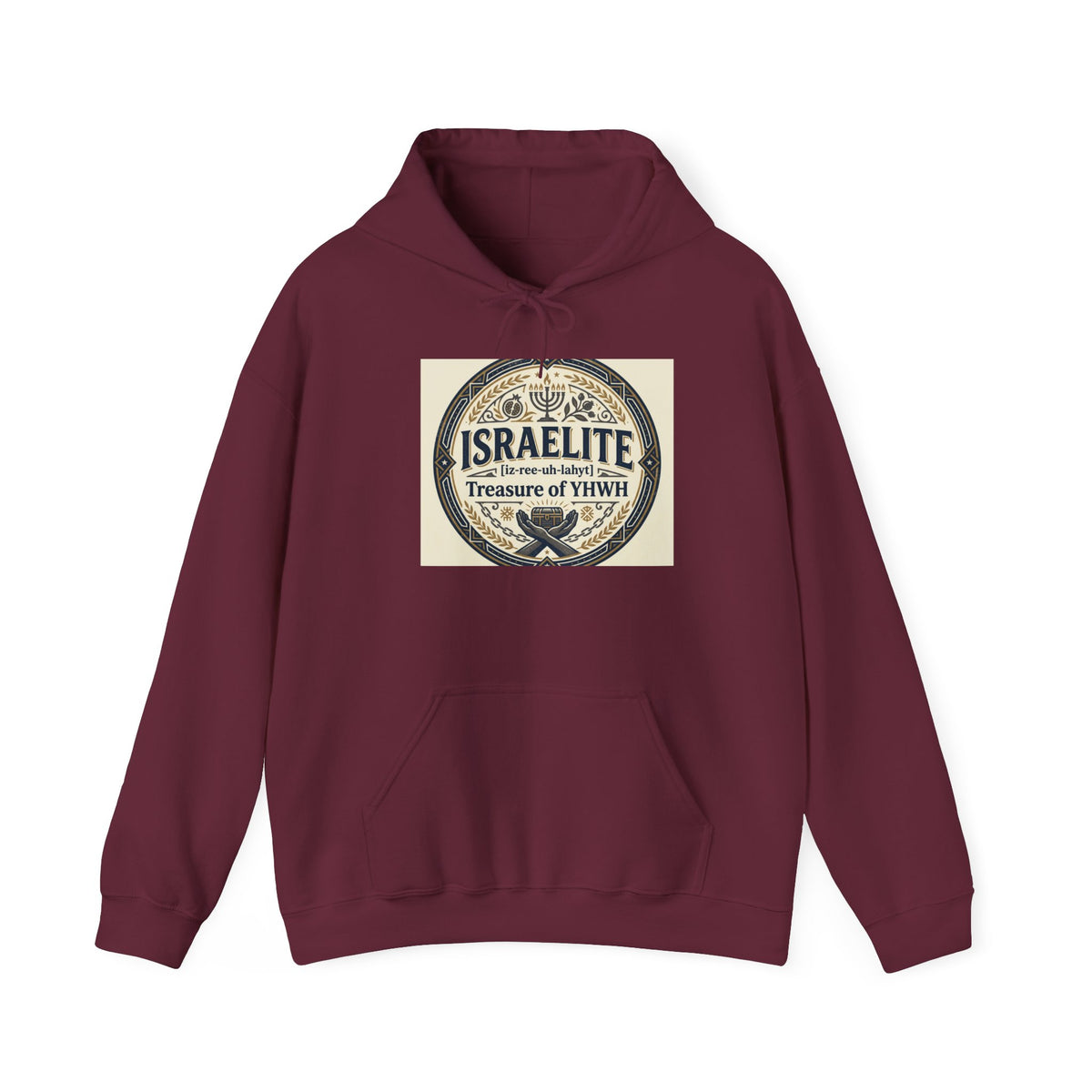 A maroon pullover hoodie with a graphic print on the chest The graphic features a vintage- style circular label with the text ISRAELITE Treasure of YHWH and a Hebrew cross