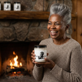 A smiling woman with gray hair holds a white candle label shows a  black-and-white portrait and the text "pioneer woman