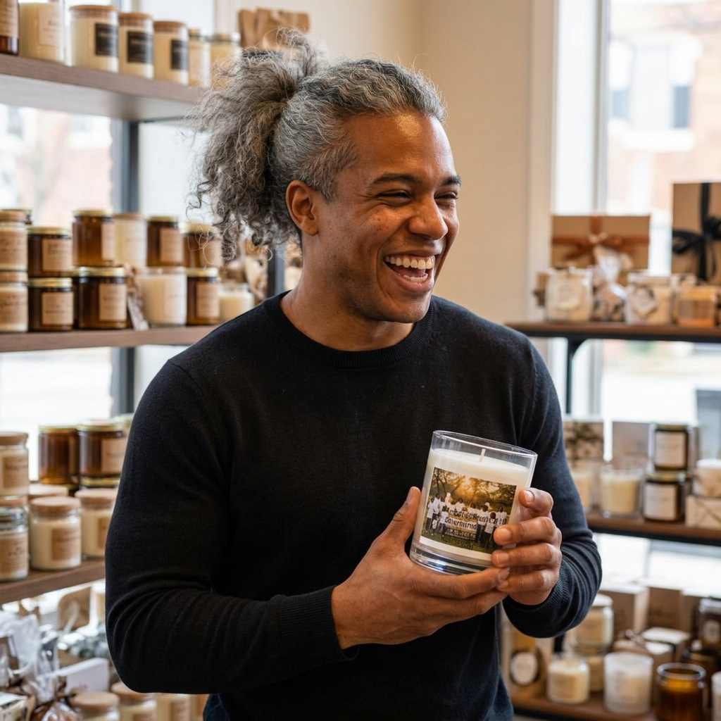 a smiling person with a gray hair in a ponytail holds a candle in a shop with decor blurred in the bckground 