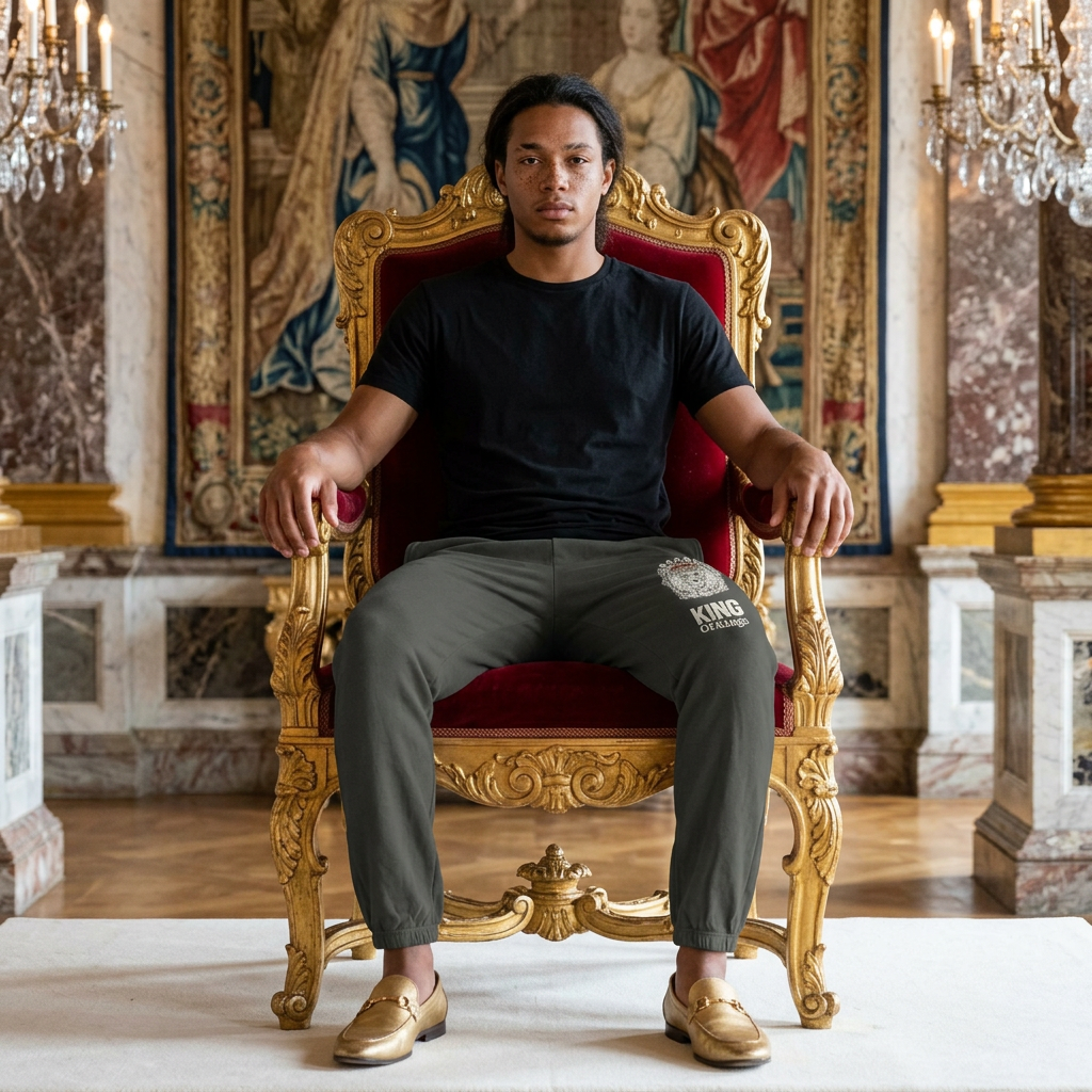 Lion Face jogger - Graphic fleece sweatpants with a person sitting on a royal chair with a ancient backgound