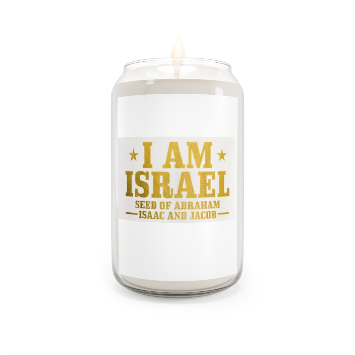 A clear glass jar candle with white wax and a lit wick featuring a white label with gold text that says I AM IAREAL