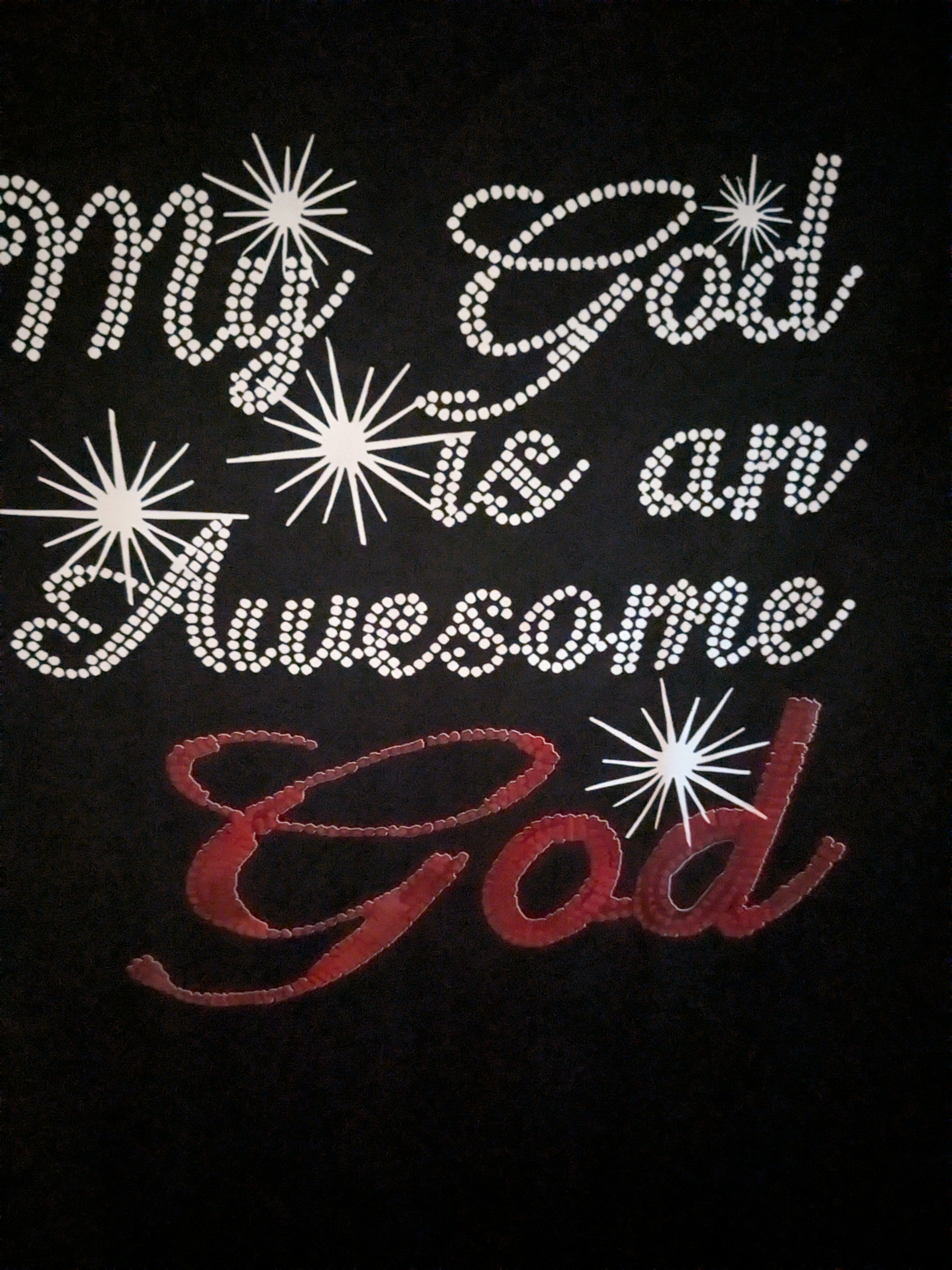 My God is an Awesome God T-Shirt with rhinestone and red velvet lettering on black