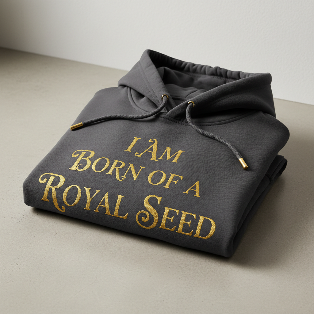 I Am Born of a Royal Seed faith hoodie in white with gold script